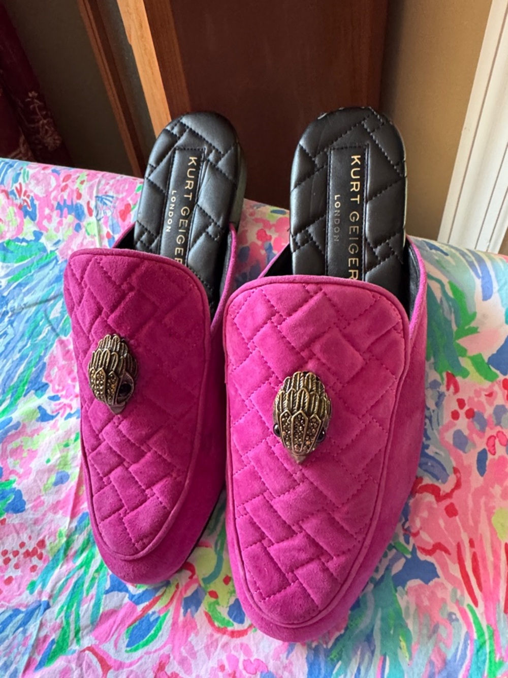 Kurt Geiger Magenta Quilted Velvet Slip-On Mules with Decorative Emblem